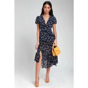 Lulu’s Petals and Poetry Floral Ruffle Midi Dress in Navy Size Extra Large